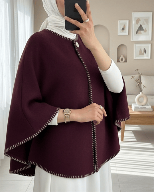 Çoban Dikişli Cepli Kaşe Panço -Mürdüm