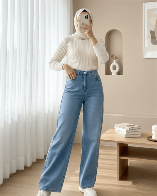 Çok Cepli Yüksek Bel Kot Pantolon  -Buz Mavi