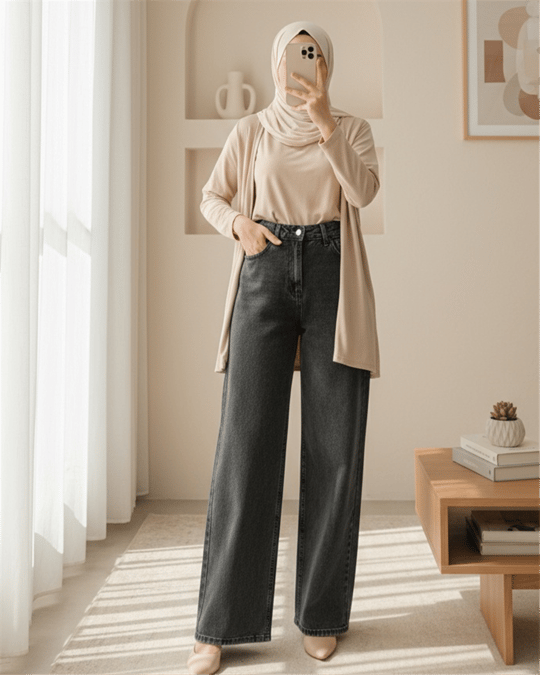 Çok Cepli Yüksek Bel Kot Pantolon  -Füme