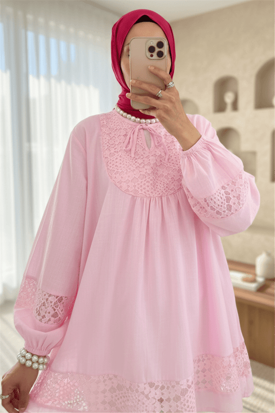 Dantel Detaylı Yakası Bağlamalı Kolu Lastikli Gömlek -Pembe