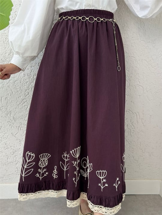 Dantel İşlemeli Beli Lastikli Etek -Mürdüm