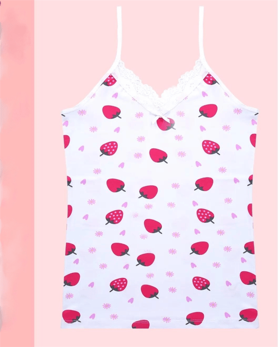 Atlet-Dantelli Çilek Desenli Askılı Atlet -Beyaz-416-497103-R02