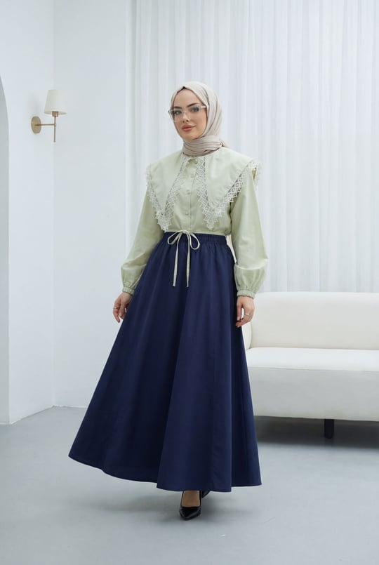 Dantelli Geniş Yakalı Bağcıklı Kolu Lastikli Poplin Gömlek -Su Yeşili