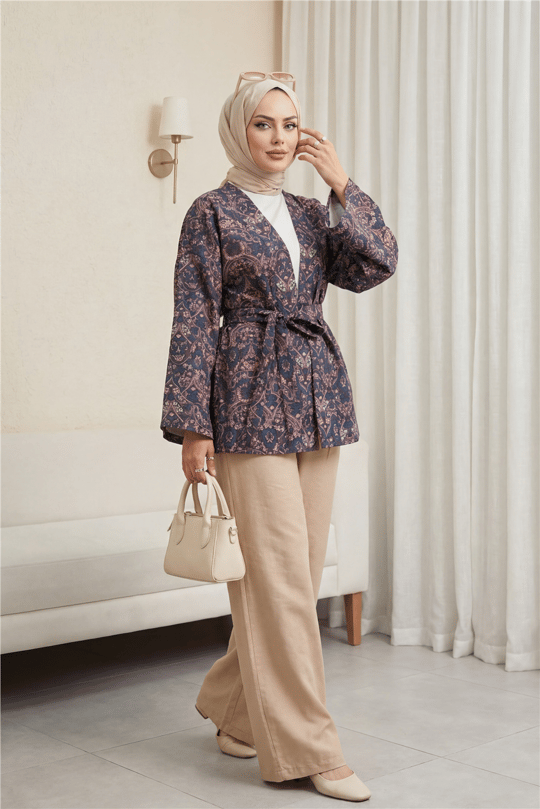 Dijital Baskılı Beli Kemerli Kapitone Kimono -Laci
