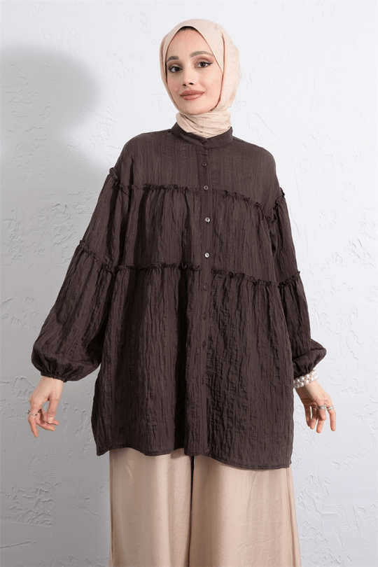 Dik Yaka Sim Çizgili Balon Kol Oversize Gofre Tunik -K. Kahve
