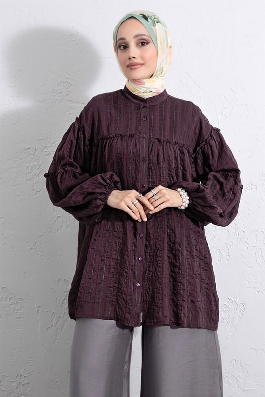 Dik Yaka Sim Çizgili Balon Kol Oversize Gofre Tunik -Mürdüm