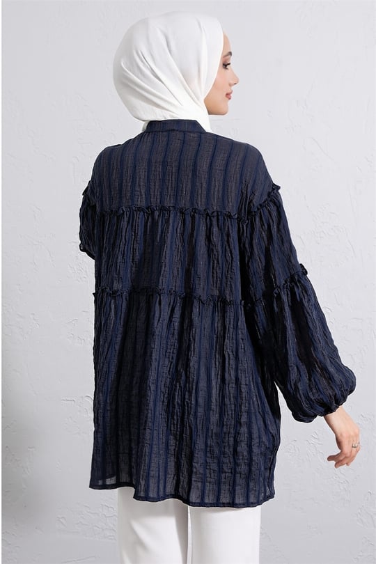 Dik Yaka Sim Çizgili Balon Kol Oversize Gofre Tunik -Laci