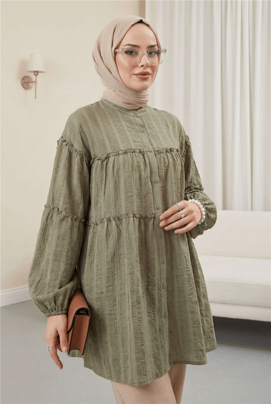 Dik Yaka Sim Çizgili Balon Kol Oversize Gofre Tunik -Haki