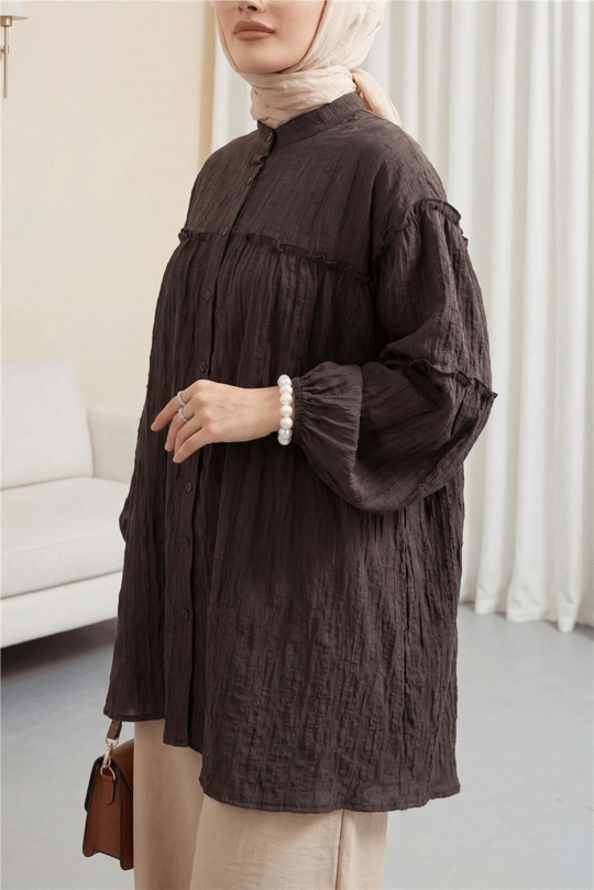 Dik Yaka Sim Çizgili Balon Kol Oversize Gofre Tunik -K. Kahve