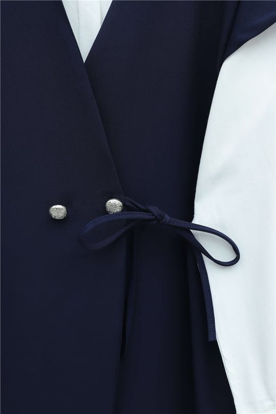 Womens Button-Detail Double Drawstring Vest Pants Double-Fabric Crepe Set - Navy