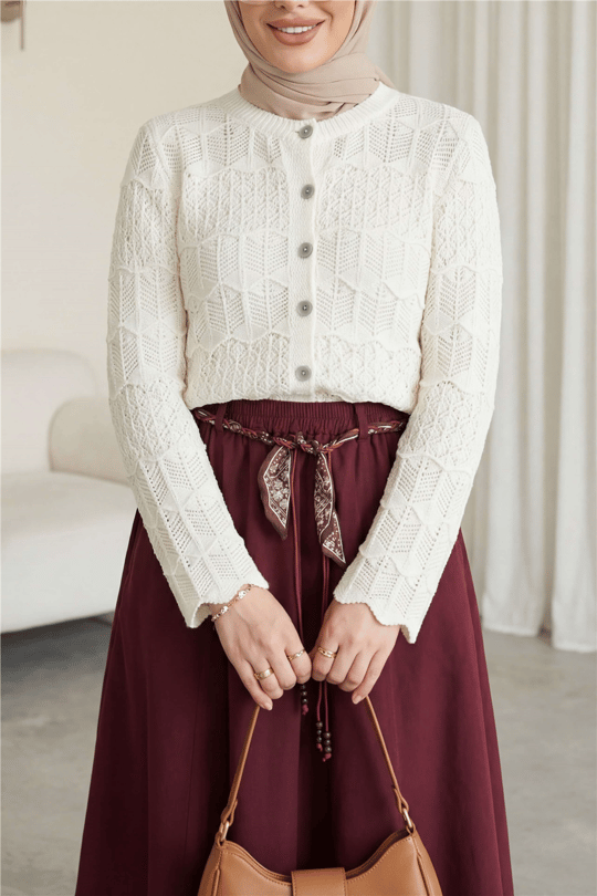 Womens Button-Front Openwork Cotton Knit Cardigan - Ecru
