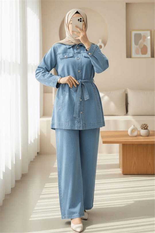 Düğmeli Beli Kemerli Cepli Kot İkili Takım -Açık Mavi-Takım-349-202505-R25