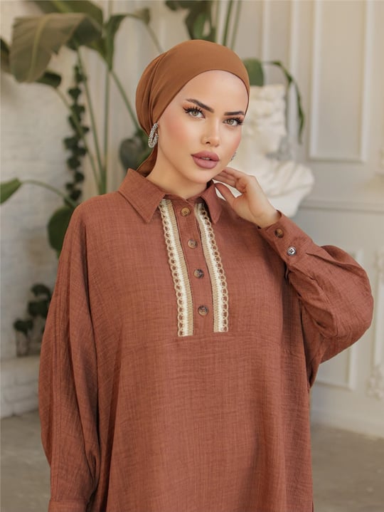 Düğmeli Dantel İşlemeli Salaş Keten Tunik  -Taba