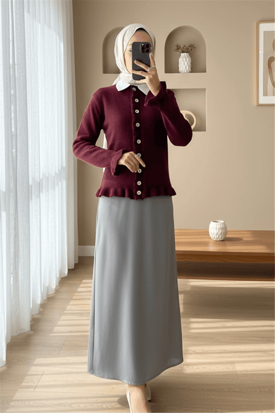 Düğmeli Önü Ve Eteği Fırfırlı Hırka -Bordo