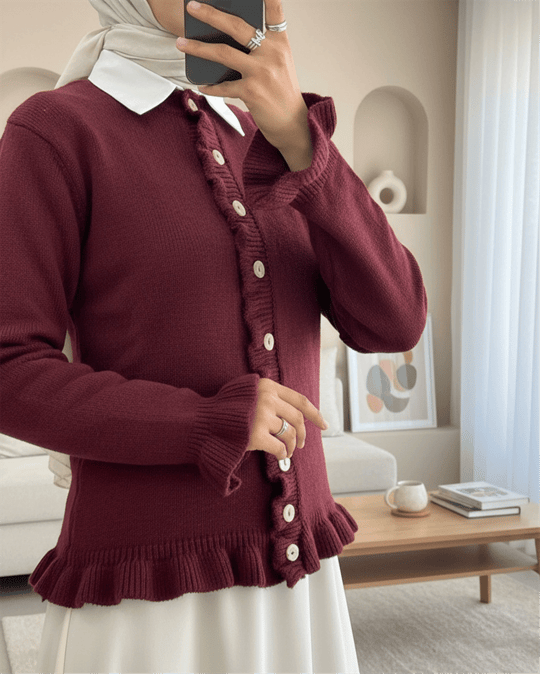 Düğmeli Önü Ve Eteği Fırfırlı Hırka -Bordo
