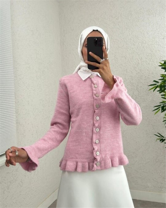 Düğmeli Önü Ve Eteği Fırfırlı Hırka -Pembe