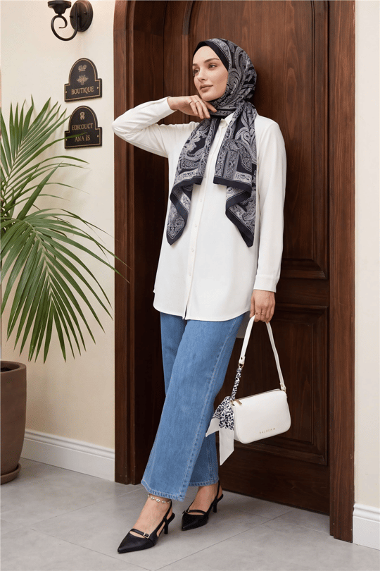 Düğmeli Oversize Düz Gömlek -Beyaz