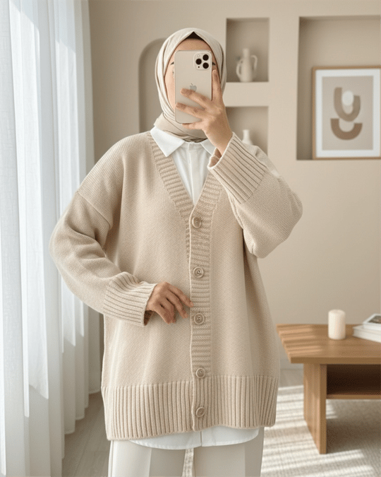 Düğmeli Oversize Triko Hırka -Bej