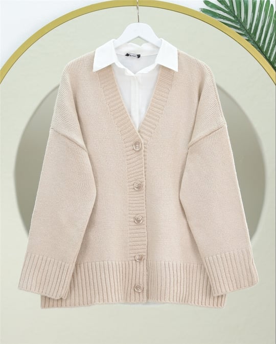 Düğmeli Oversize Triko Hırka -Bej