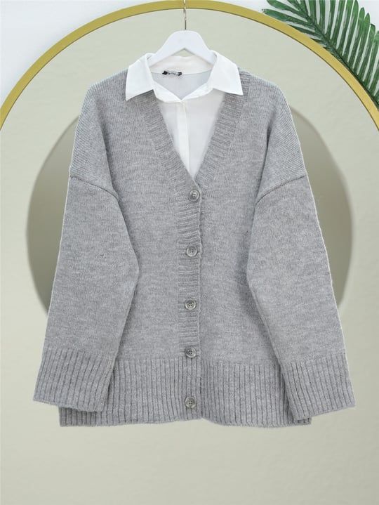 Düğmeli Oversize Triko Hırka -Gri