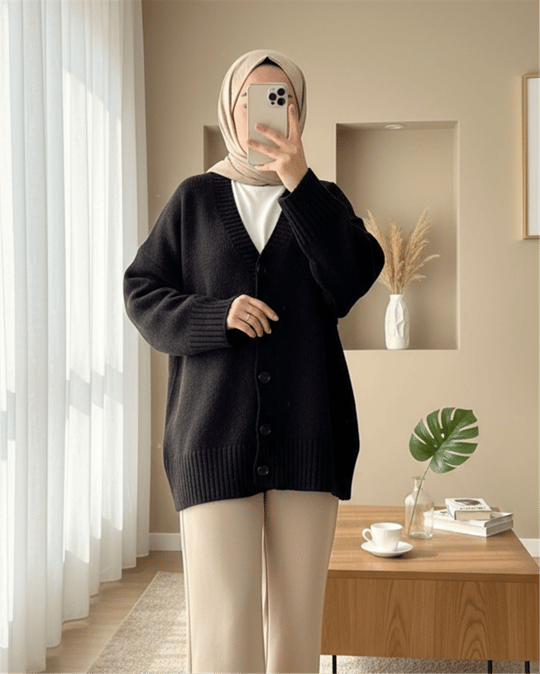 Düğmeli Oversize Triko Hırka -Siyah