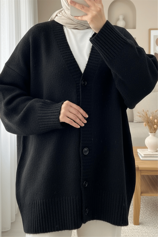 Düğmeli Oversize Triko Hırka -Siyah