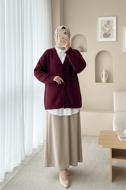 Düğmeli Salaş Triko Hırka -Bordo