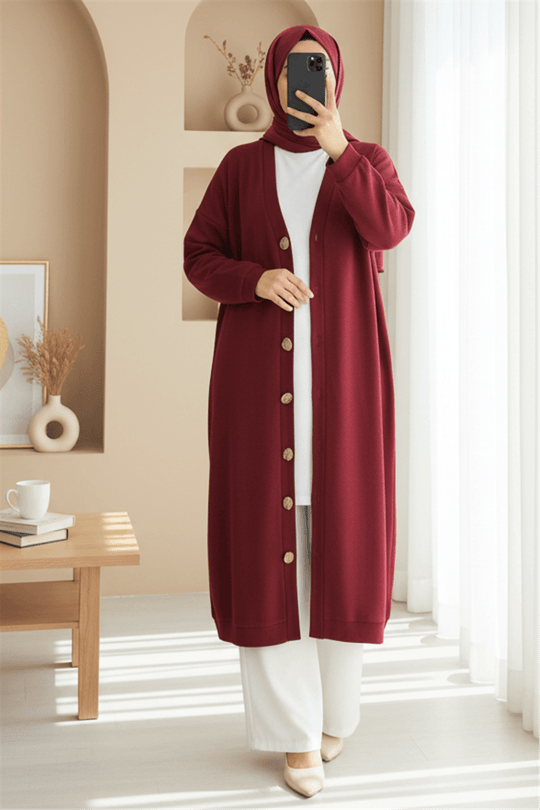 Düğmeli Selanik Uzun Hırka -Bordo