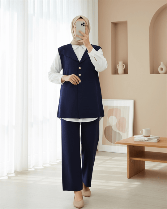 Düğmeli V Yaka Yelek Pantolon Triko Takım -Laci