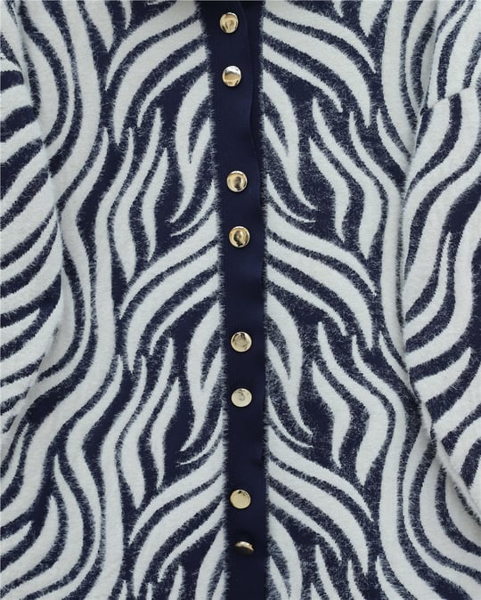 Düğmeli Zebra Desen Sakallı Triko Hırka -Laci