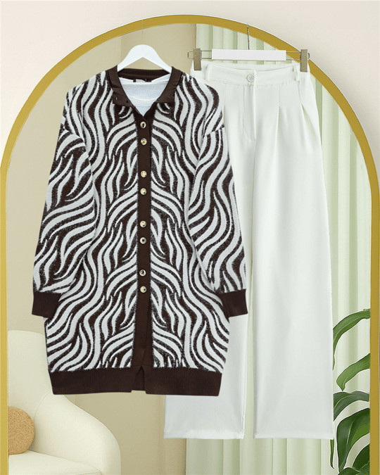 Düğmeli Zebra Desen Sakallı Triko Hırka -Kahve