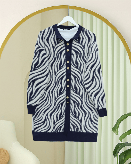 Düğmeli Zebra Desen Sakallı Triko Hırka -Laci