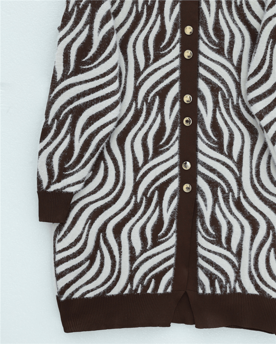 Düğmeli Zebra Desen Sakallı Triko Hırka -Kahve