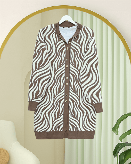 Düğmeli Zebra Desen Sakallı Triko Hırka -Açık Kahve