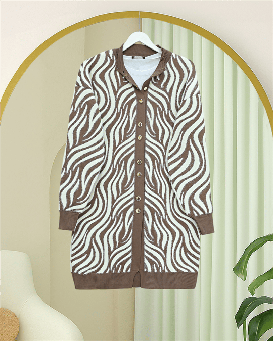 Düğmeli Zebra Desen Sakallı Triko Hırka -Açık Kahve