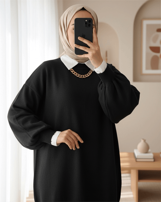 تونيك سادة بياقة دائرية وأكمام بالونية - أسود