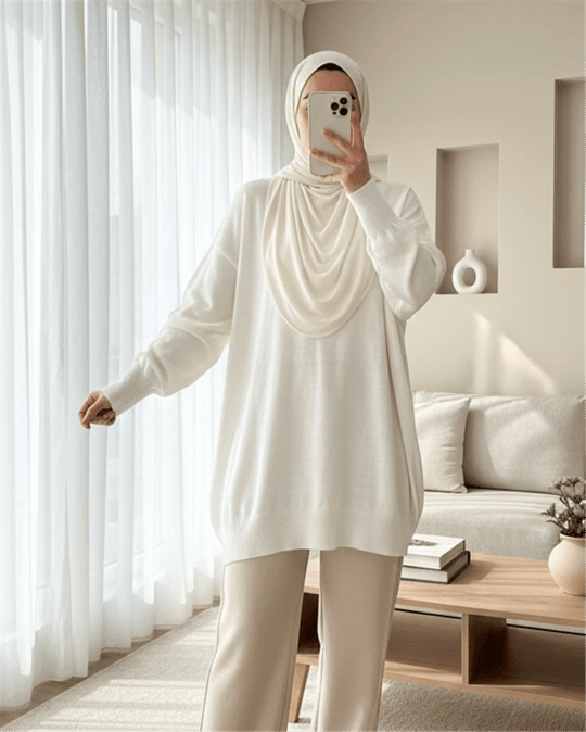 Düz Bisiklet Yaka Balon Kol Triko Tunik       -Beyaz