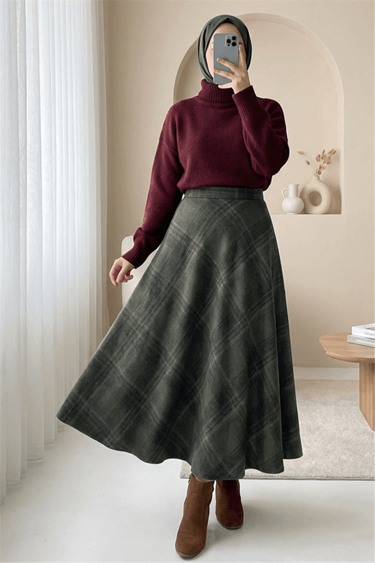 Ekose Desenli Yanı Fermuarlı  Kaşe Çan Etek -Haki