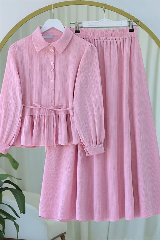 Eteği Fırfırlı Düğmeli Beli Bağcıklı Etekli Takım -Pembe