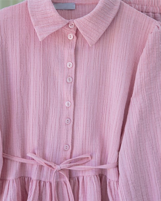 Eteği Fırfırlı Düğmeli Beli Bağcıklı Etekli Takım -Pembe