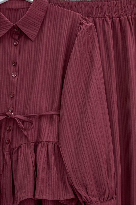Eteği Fırfırlı Düğmeli Beli Bağcıklı Etekli Takım  -Bordo