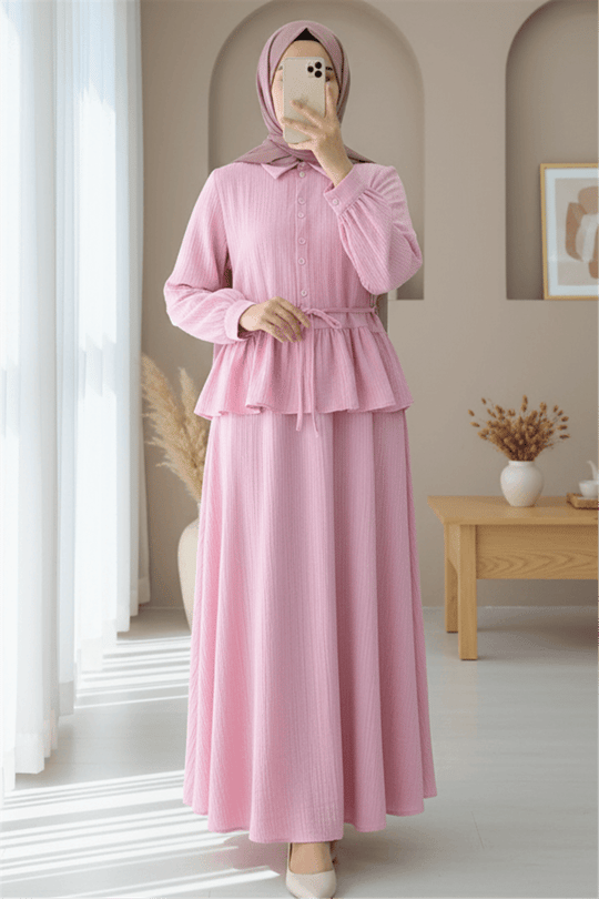 Eteği Fırfırlı Düğmeli Beli Bağcıklı Etekli Takım -Pembe