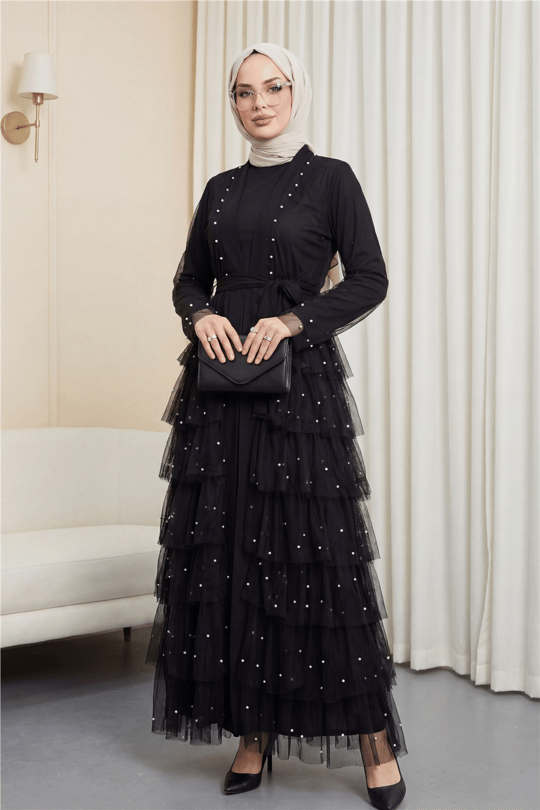 Eteği Katlı Serpme İncili Tül Abaya Takım -Siyah