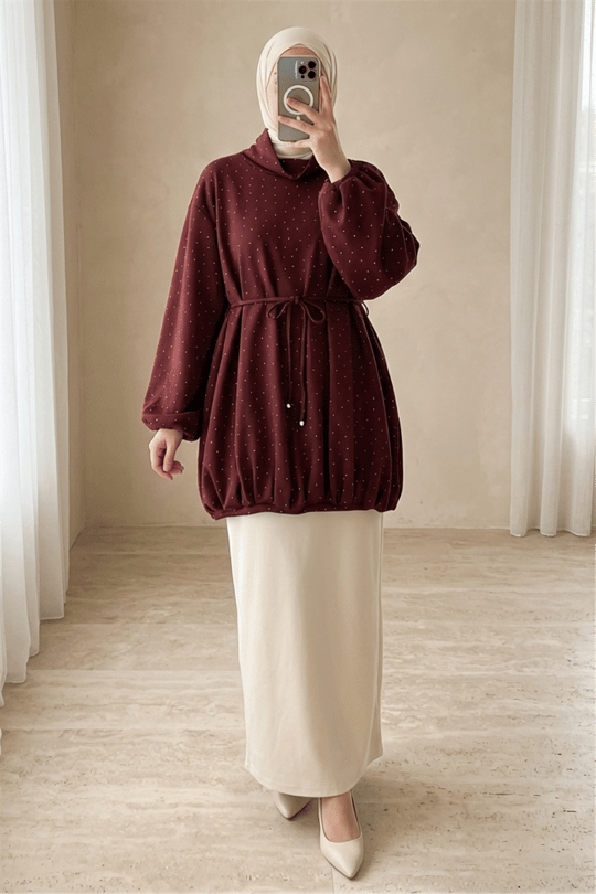 Eteği Lastikli Beli Bağcıklı Yarım Boğazlı Oysho Sweat -Bordo