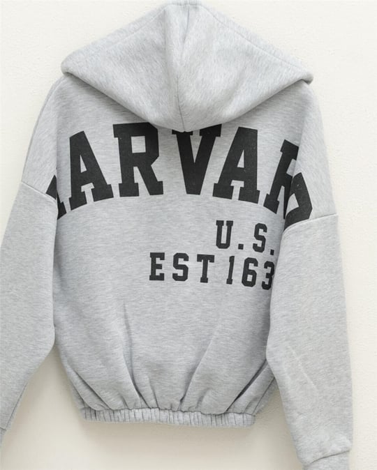 Eteği Lastikli Kapşonlu Yazılı Sweat -Gri