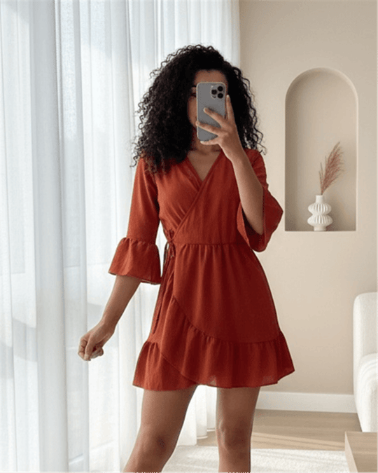 Eteği Ve Kolları Fırfırlı Beli Lastikli Ayrobin Elbise  -Kiremit