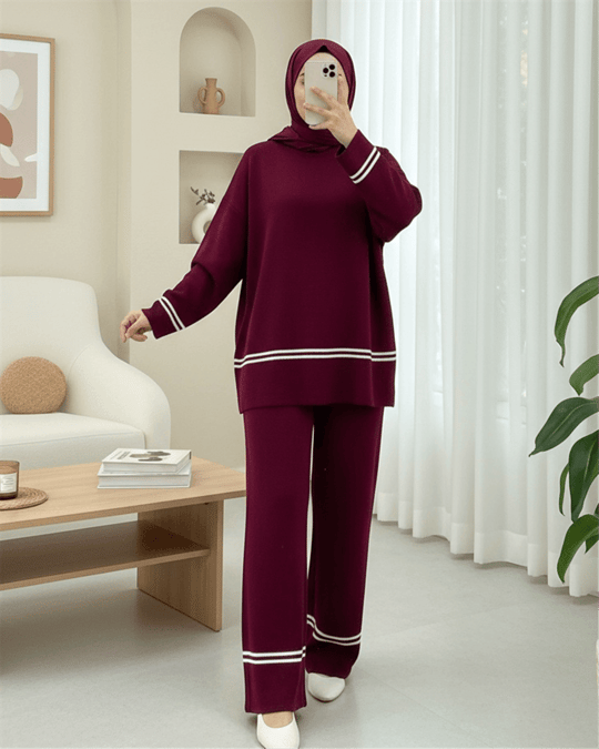 Eteği Ve Kolu Çizgili Triko Takım -Bordo