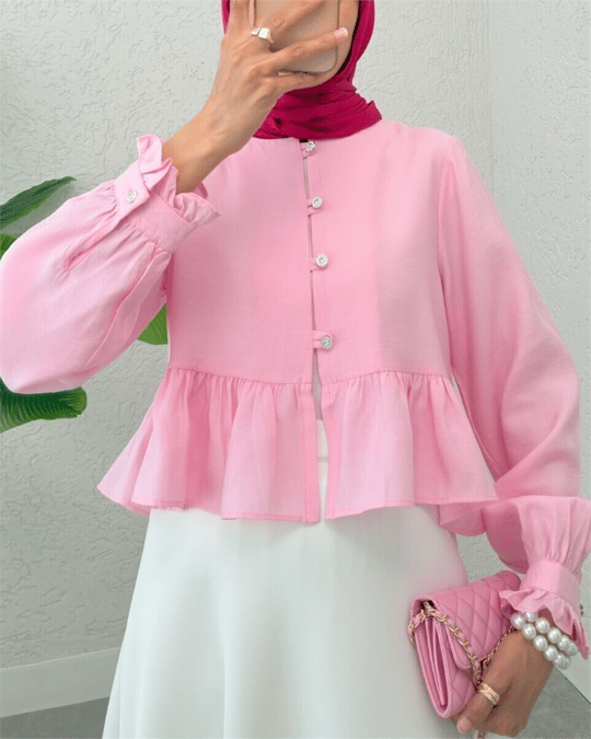 Eteği Ve Kolu Fırfırlı Taşlı Düğmeli Modal Kumaş Gömlek  -Pembe