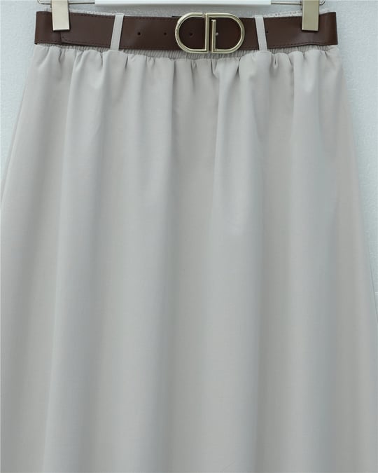 Etek Ucu Dikiş Detaylı Beli Lastikli Astarlı İthal Soft Gabardin Etek -Taş