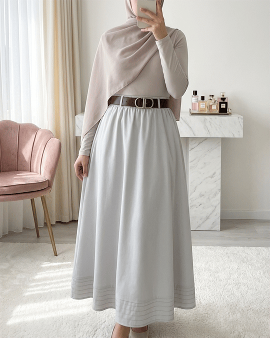 Etek Ucu Dikiş Detaylı Beli Lastikli Astarlı İthal Soft Gabardin Etek -Taş